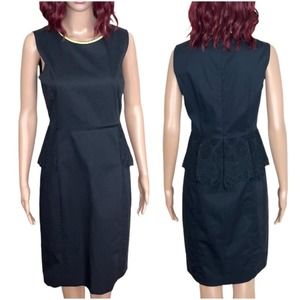 Elie Tahari Peplum Eyelet Dress Womens size 6 Black Neon Yellow Trim Knee Length